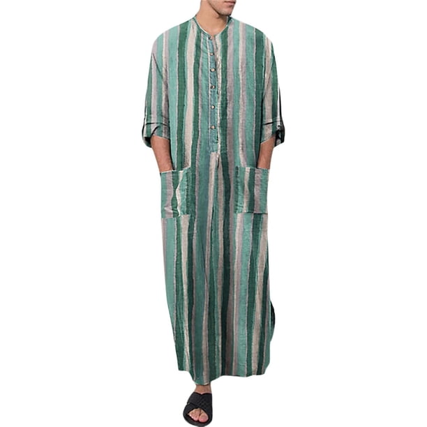 Caftán musulmán de manga larga con botones y rayas para hombre, con abertura lateral y bolsillos, estilo informal, talla única