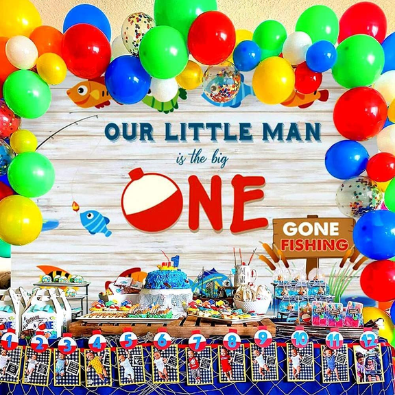 Fishing Theme Birthday Party Decorations Set - Gone Fishing Outdoor Party Supplies with Balloon Arch & Backdrop