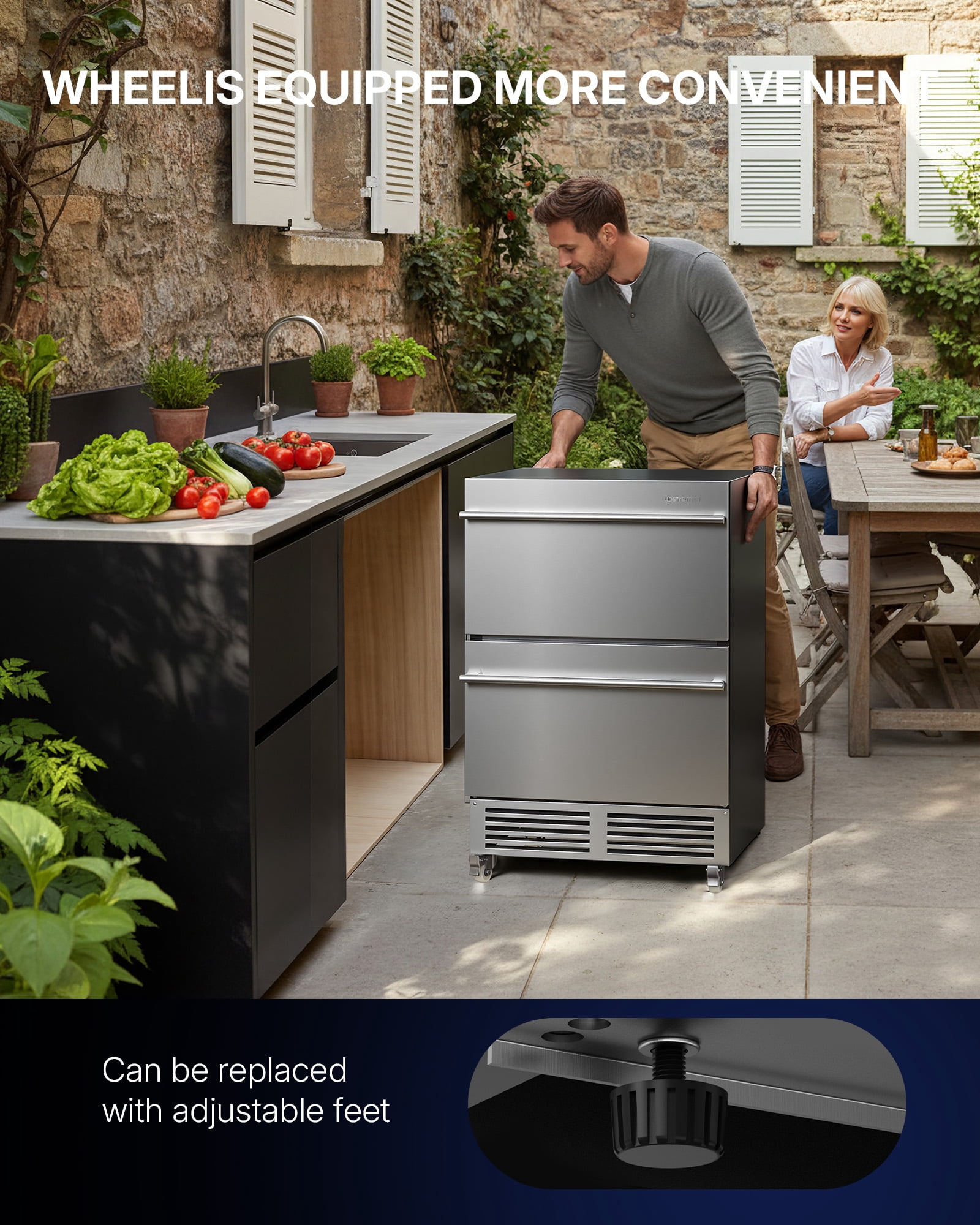 Upstreman 24 Inch Double Drawer Refrigerator, Under Counter Beverage Refrigerator Stainless Steel Outdoor Refrigerator Wine Cooler Fridge, Built-in or Freestanding, BR50D