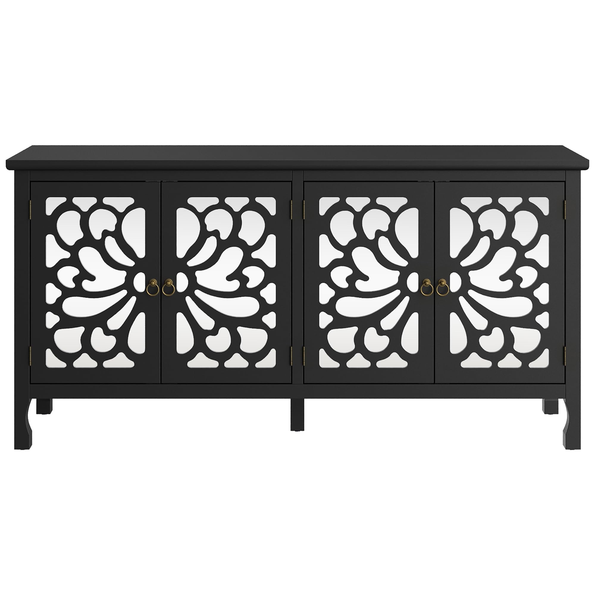 CozyHome 63" Carved Buffet Cabinet with Mirrored Door, Modern Console Cabinet with Storage and Adjustable Shelves, Wood Media Cabinet for Entryway, Living Room, Bedroom, Dining Room, Bathroom (Black)