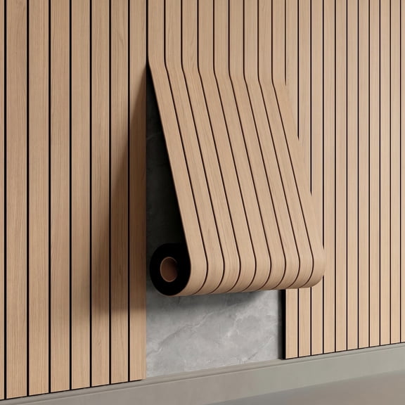 Peel and Stick PVC Slat Wall Panel 236"x15.75" Self-Adhesive Thick Faux Oak Wood Grain Wallpaper Panel 3D Soundproof Wall Panels for Walls & Ceilings