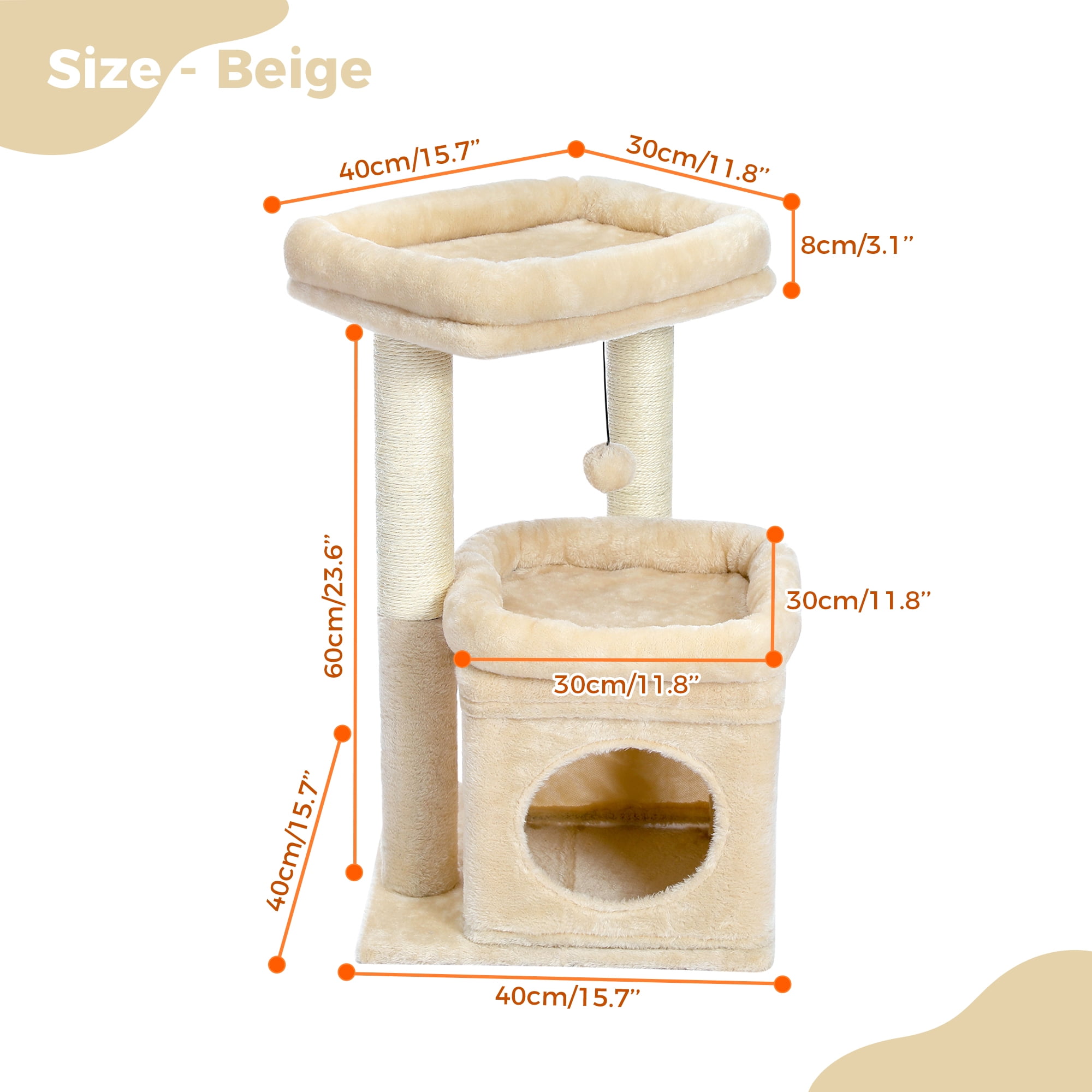 PAWZ Road 27" Cat Tree for Medium Cats Plush Condo and Scratching Posts, Beige