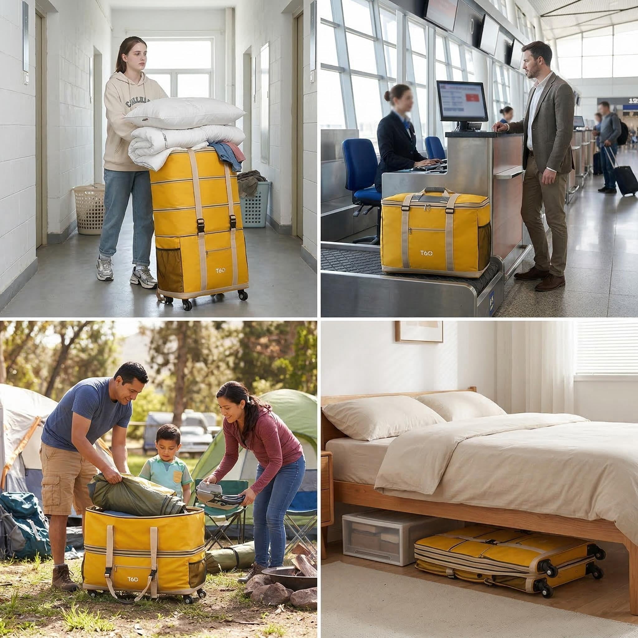 155L Extra Large Rolling Duffel Bag with 5 Spinner Wheels, 4-Level Expandable Checked Luggage, Water-Resistant Foldable Suitcase for Moving, Travel, College Dorm, and Home Storage, Yellow