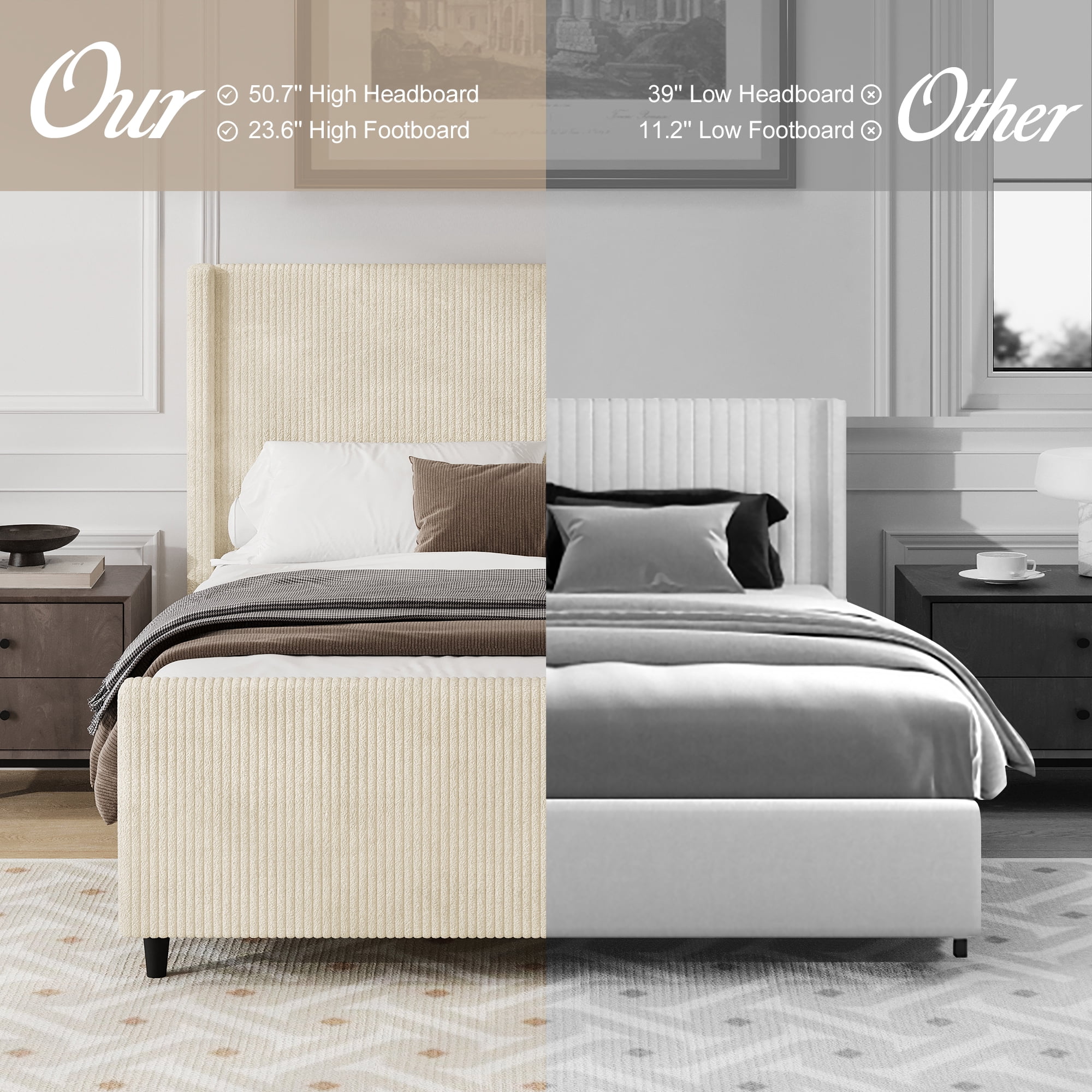 FFZ Corduroy Upholstered Queen Bed Frame with 50.7 inch Stripe Wingback Headboard, Cream