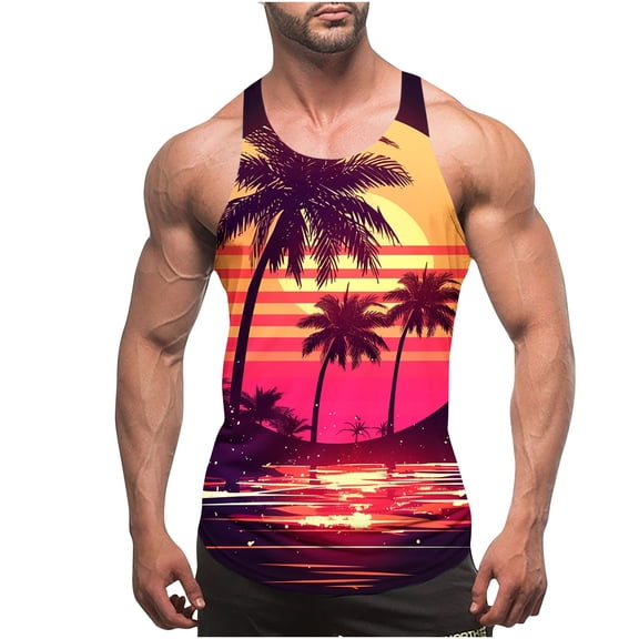 Purcolt Mens Summer Beach Tank Tops Casual Palm Tree Tropical Printed Hawaiian Sleeveless T Shirts Gym Workout Muscle Shirts