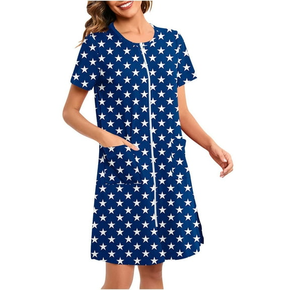 Sakmal Full Zip Nightgowns for Women with Pockets Sleepshirt Blue Starts Short Sleeve Nightgowns