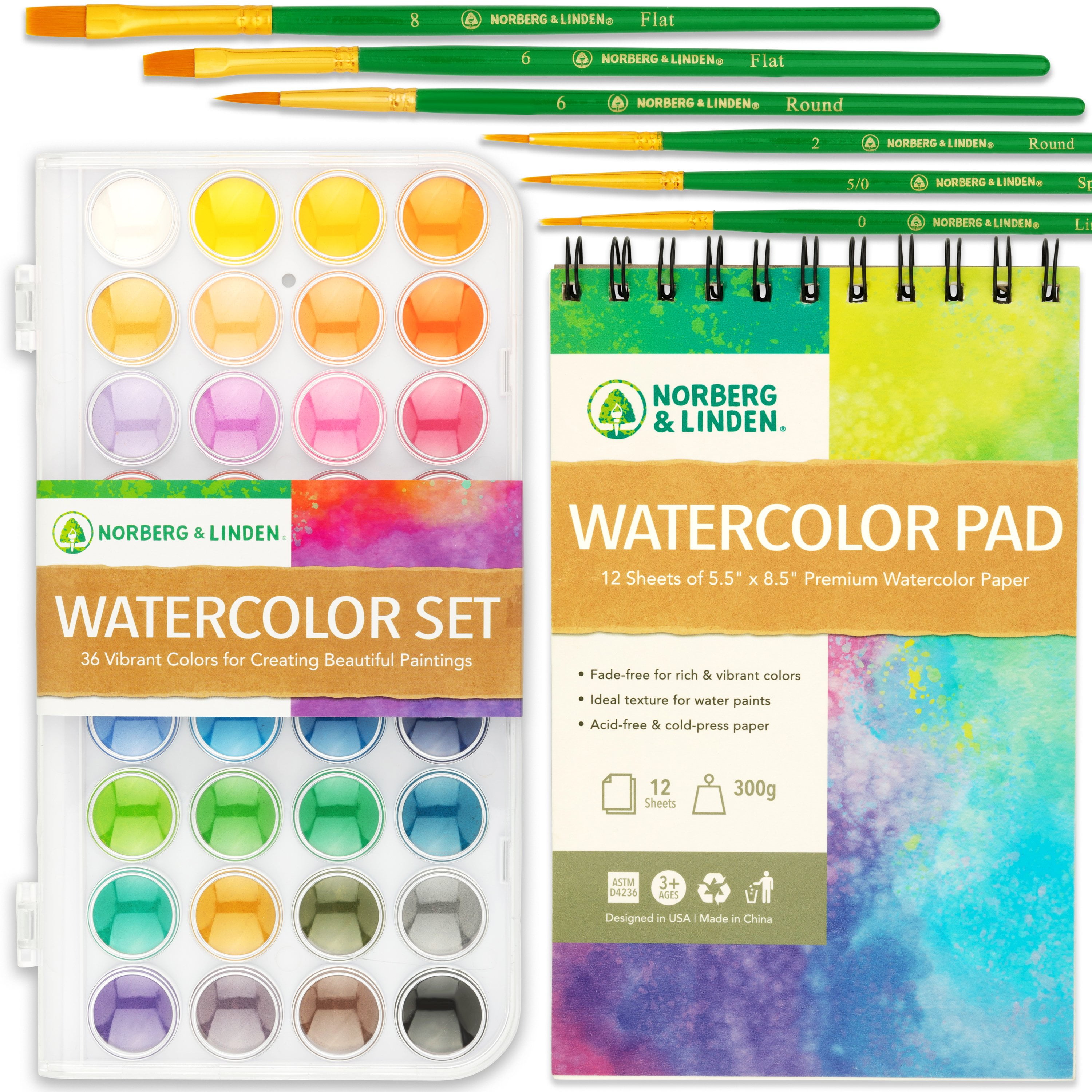 Watercolor Paint Set 36 Premium Paints 12 Page Pad 6 Brushes