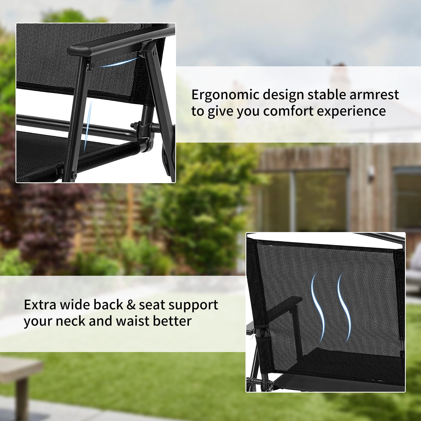 Bylring Outdoor Foldable Patio Dining Sling Chairs Set of 2 with Armrest Black Folding Portable Patio Chairs for Lawn Garden Balcony Living Room Furniture