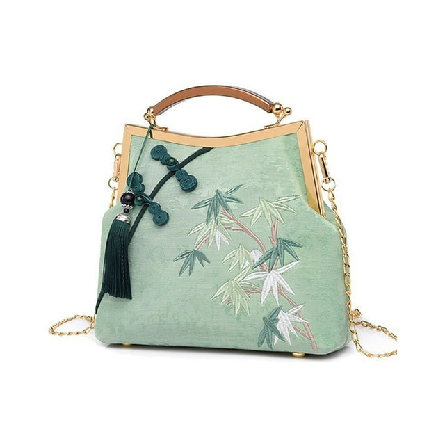 Minnieouse Bolso de hombro para mujer, bolsos de mensajero hechos a mano, bolsos con cierre de moda Vintage puro, portador con flecos bordado Bolsas de mensajero y de hombro Verde