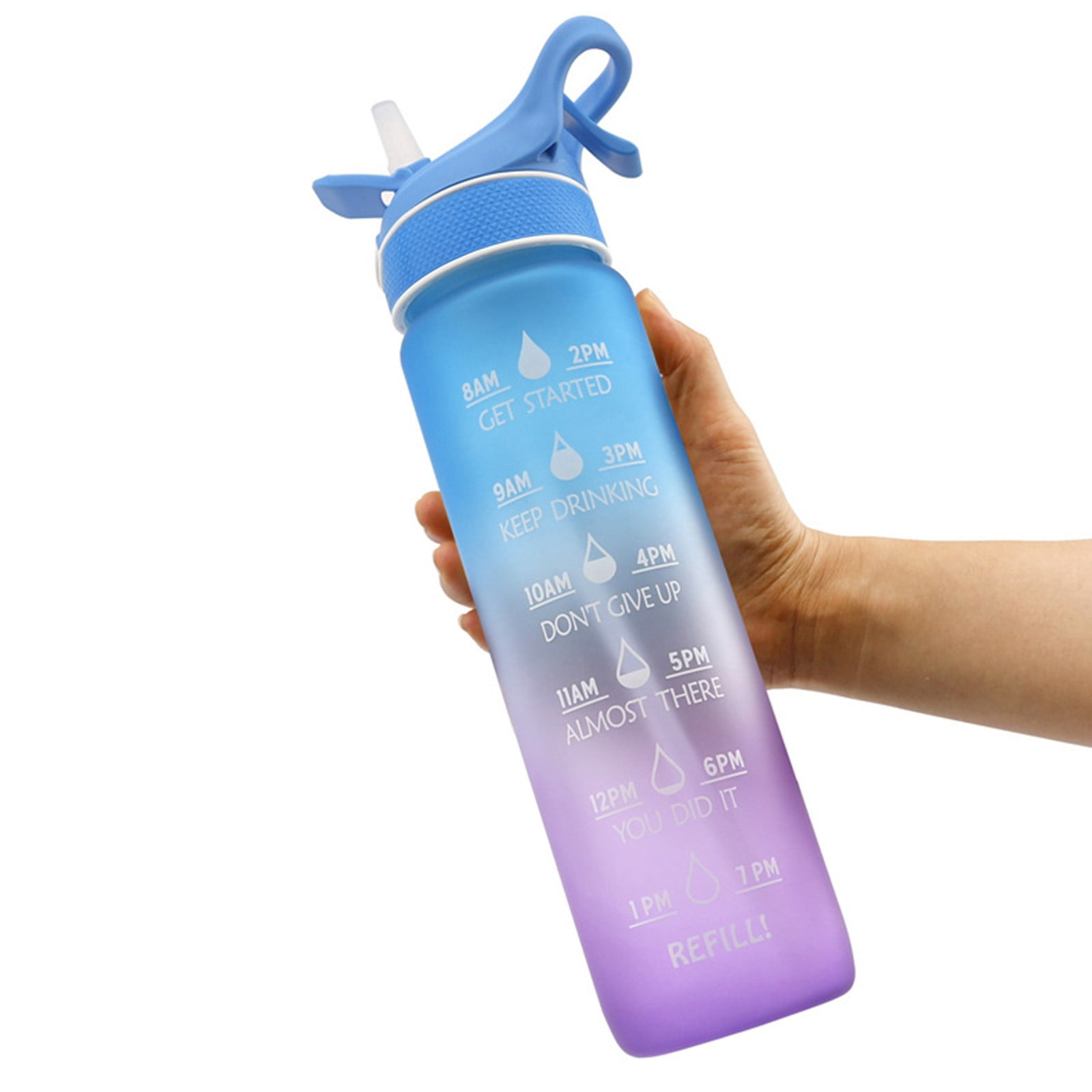 Fyrome 32 oz Plastic Sport Water Bottle Kids Flip Top Lid with Motivational Time Marker, Leakproof & BPA Free for Fitness Gym Outdoor, Blue