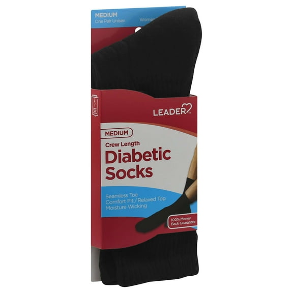 Leader Diabetic Sock Crew Black Medium - 1 Pair