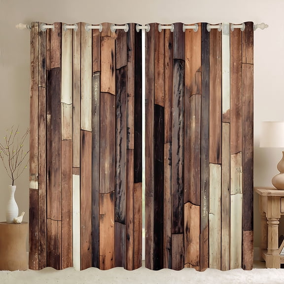 Manfei Old Wooden Strip Blackout Curtains Set of 2 (52x84 Each),Rustic Farmhouse Window Curtains,Brown Beige Curtains and Drapes For Teens,Ultra Soft Home Decor