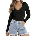 thumbnail image 2 of HAiming Women Lace Trim Long Sleeve Cropped Tops Casual V Neck Slim Pullover Base Tees Going out Tight Shirts, 2 of 9