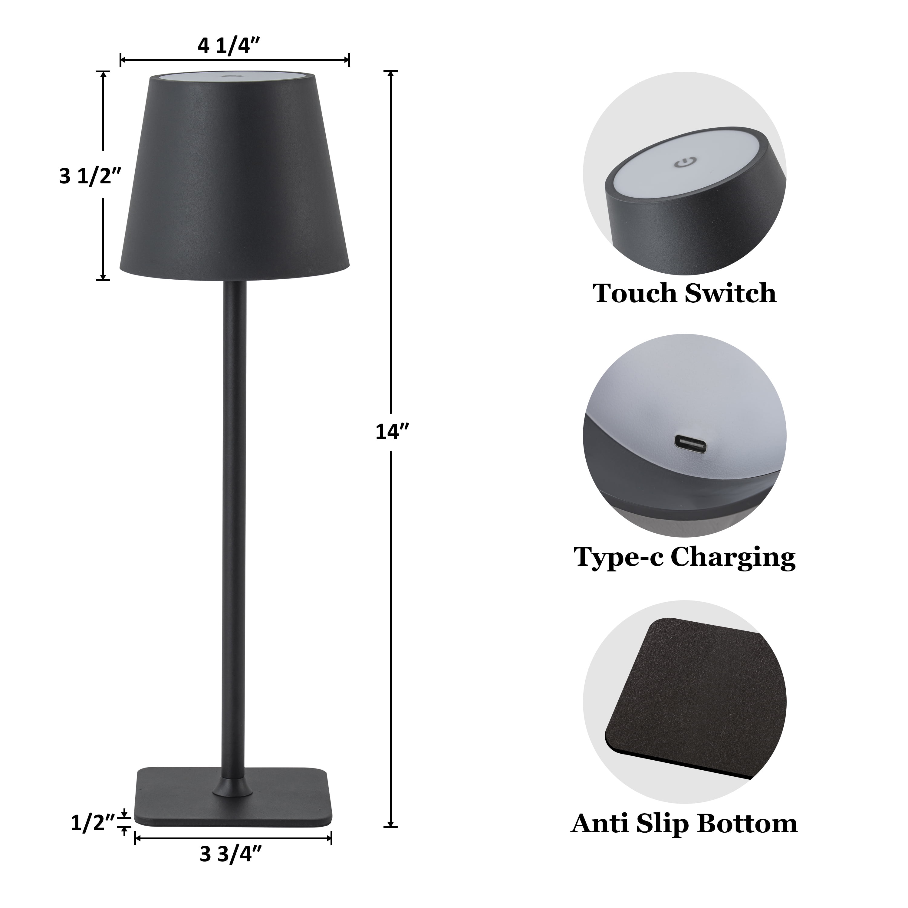 C Cattleya 4-Pack 14” Matte Black LED Cordless Table Lamp, 3CCT Dimmable Portable Desk Lamps