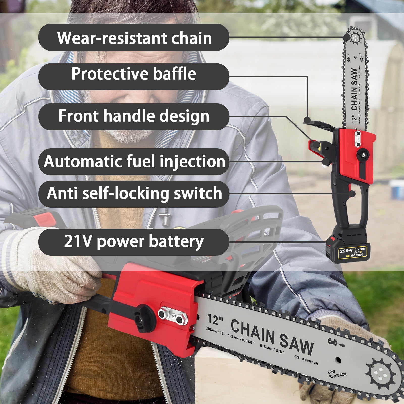 CATGOOD 12 inch Cordless Chainsaw, Electric Chainsaw with 21V 3.0Ah Battery and Charger, Battery Powered Chainsaw for Tree Trimming, Wood Cutting, 800W