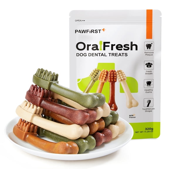 PawFirst Dental Chews for Medium and Large Dogs, Toothbrush-Shaped Dog Treats for Teeth Cleaning and Breath Freshening, 26 oz, 16 Count