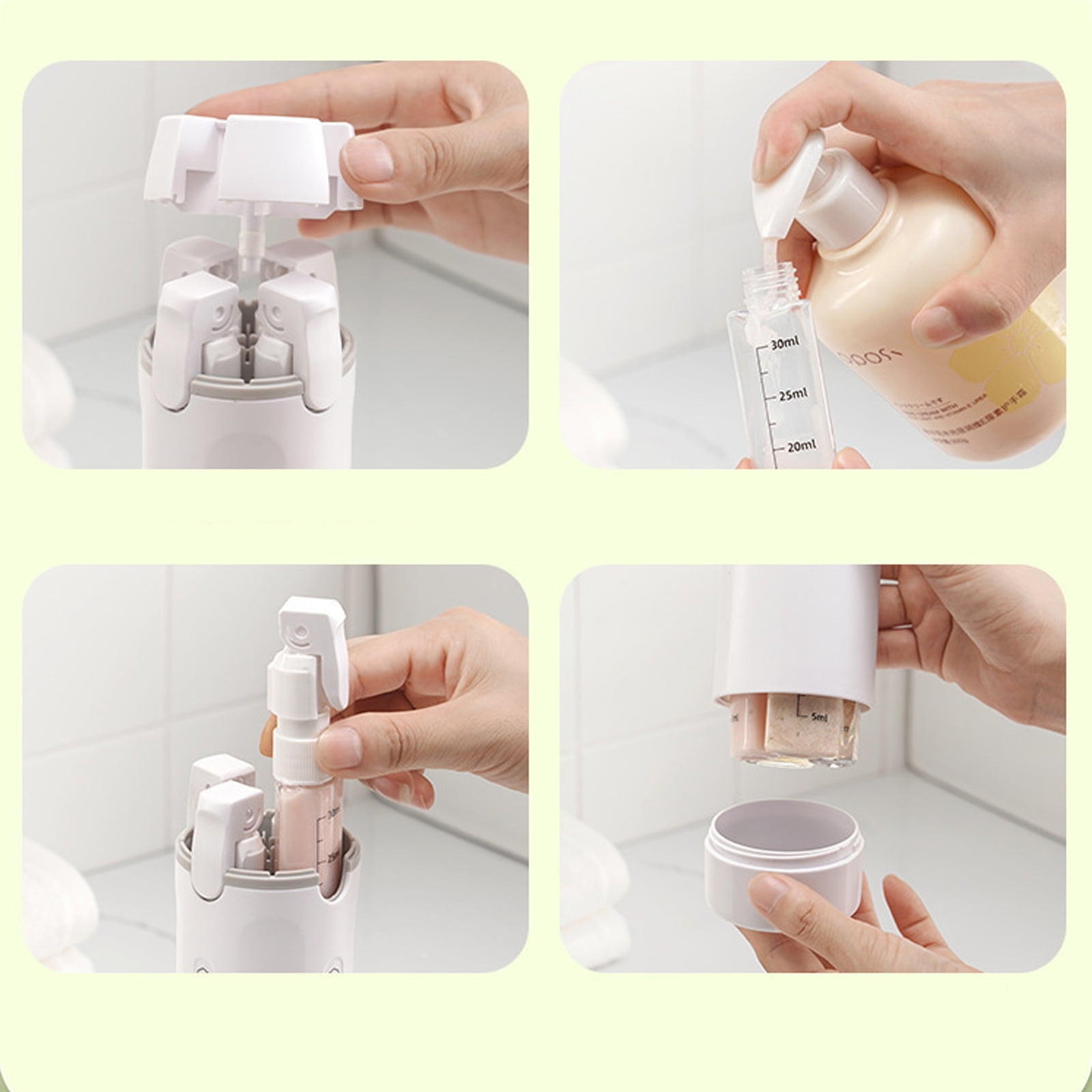 4-in-1 Travel Dispenser Bottle,4-in-1 Refillable Travel Dispenser Bottles for Toiletries,Portable Leak Proof Pump Toiletry Containers with Scale and Label,for Shampoo Lotion Conditioner Cream