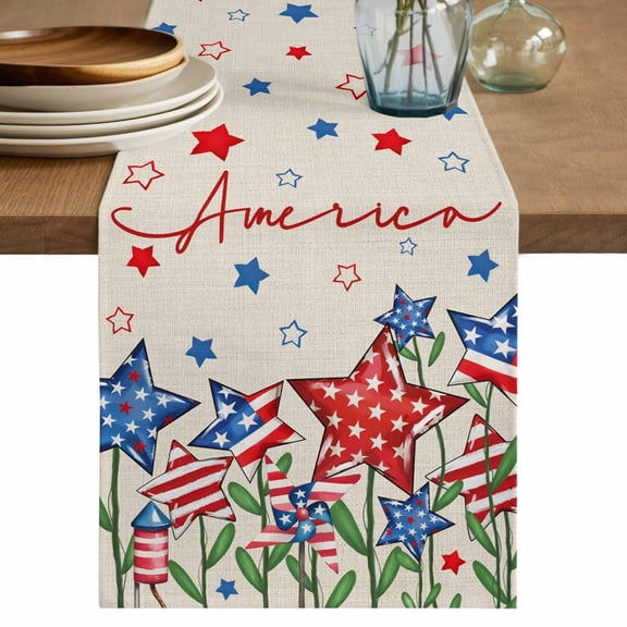 Table Runner 72 Inches Long for Kitchen Dining, Independence Day Dresser Scarf Farmhouse, Dining Table Decorations for Wedding/Parties, 4th of July Striped Stars Patriotic Burlap 16 x 72 In