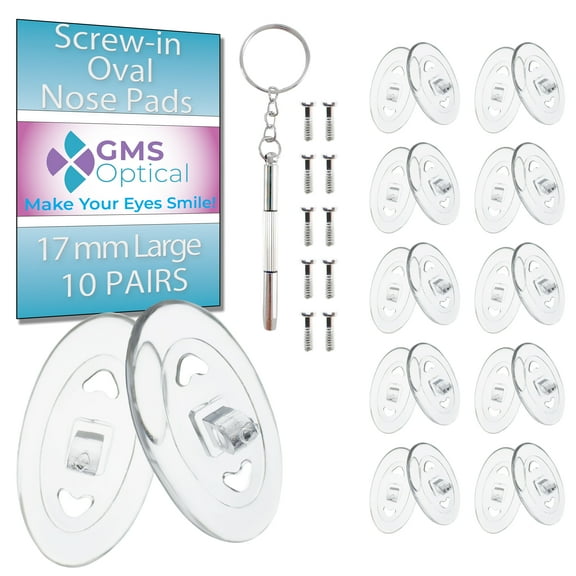 GMS Optical Screw-In Oval Silicone Nose Pads – 17mm Long / 9mm Medium Width – Soft Anti-Slip Eyeglass Nose Pads with Screws and Screwdriver (10 Pair, Clear)