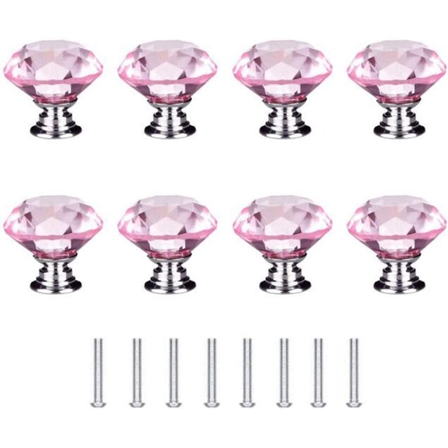 8 pomos de puerta de diamante de 30 mm, pomos de puerta de cristal con tornillos para decoración de cocina, muebles y cajones (rosa)