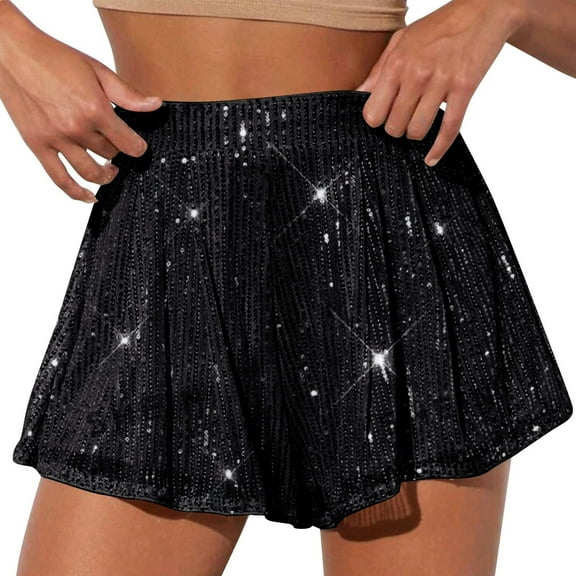 Women's High Waist Sparkly Shorts Solid Color, Casual Sequin Party Shorts, Elastic Waist Glitter Evening Shorts, Fashion Metallic Disco Shorts ,Black L
