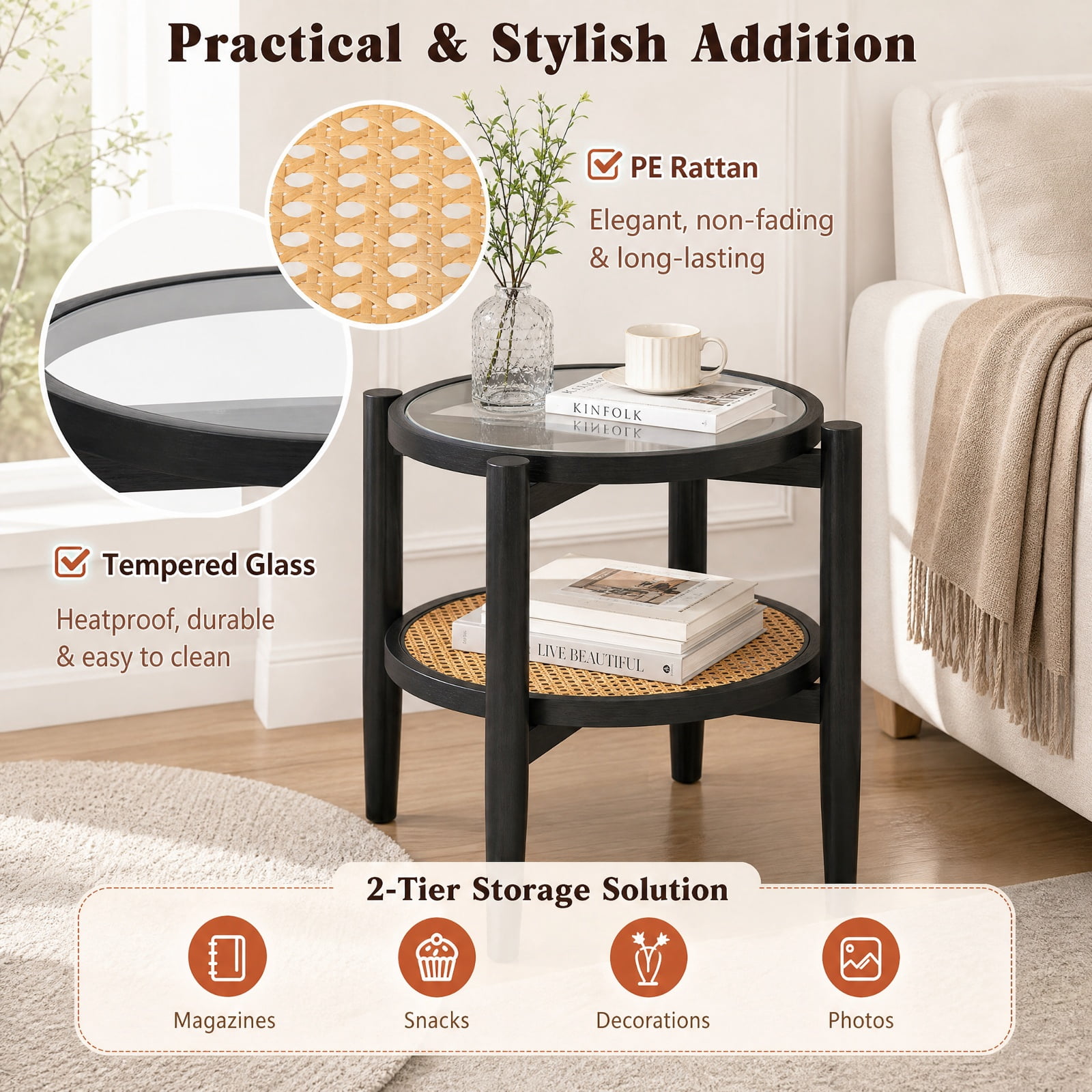 Furnibear Rattan Round Side End Table with Tempered Glass Tabletop and 2 Tier Acacia Wood Legs for Living Room Bedroom and Sofa Side, Black
