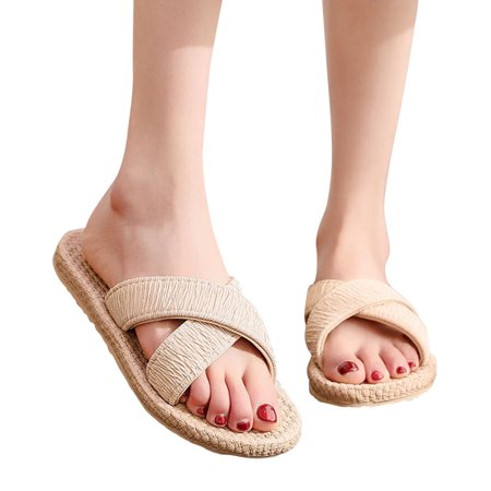 

A1 new home gifts for home Slippers For Women Girls Flat Casual Sandals Straw Linen Bottom Slippers Beach Shoes Eva Beige
