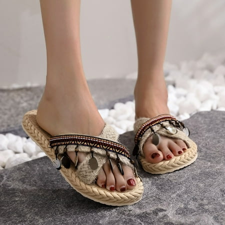 

Spring And Summer Imitation Straw Woven Women Flat Sandals And Flip Flops Beach Slippers Womens Cross Brand Slippers Rubber Sole Slippers for Women Plush House Slippers for Women Women s Slippers Size