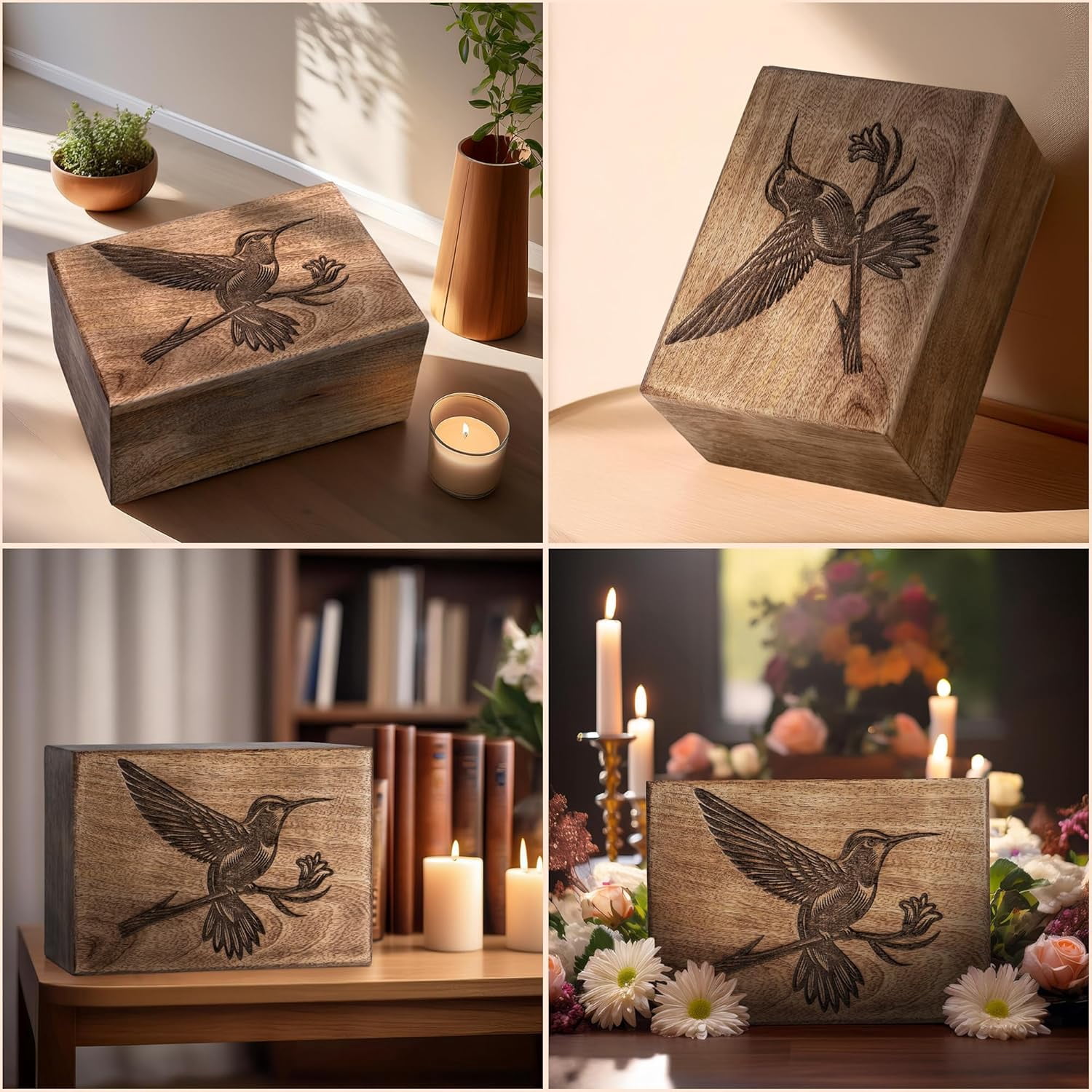 Cremation Urns for Human Ashes - Humming Bird Wooden Box and Casket for Men, Women and Child Ashes - Funeral Memorial Burial Urn for Cat Dog Pet Ashes - Keepsake (12 Cu/in)