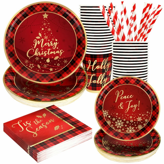 Christmas Paper Plates and Napkins Set, Disposable Holiday Foil Gold