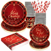 Christmas Paper Plates and Napkins Set, Disposable Holiday Foil Gold Paper Tableware for 24 Guests, Include 7 and 9 Plates, 9 oz Cups, Napkins and Straws
