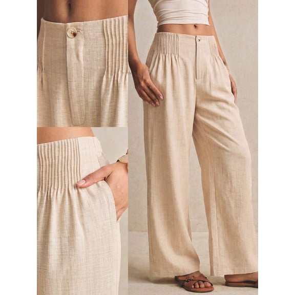 Women's High Waist Wide Leg Pants, Elastic Waist Pleated Trousers with Pockets, Loose Fit Casual Bottoms for Commute and Daily Wear