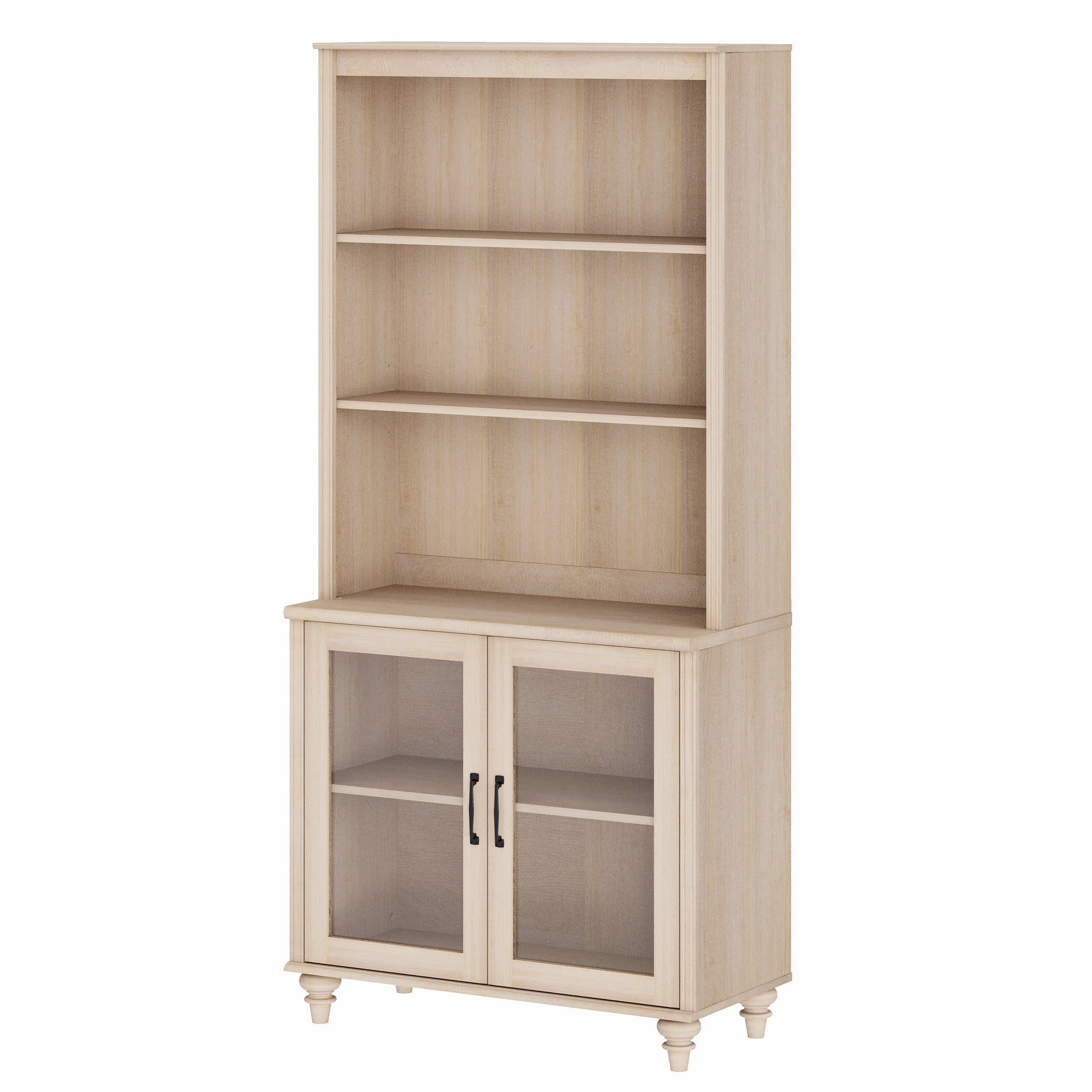 Farmhouse 5 Tier Bookcase With 2 Glass Doors, Beige, 33.9" W