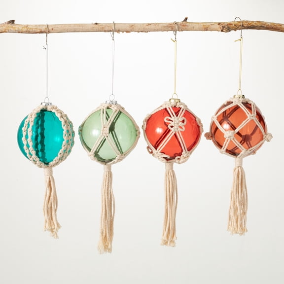 Sullivans Macrame Glass Ornament Multicolor, 0.15 lb, 5"L x 5"W x 9.5"H, Christmas Decor Set of 4