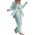 thumbnail image 1 of SAYOO Trajes casuales para mujeres, blusa de manga larga con solapa de color sólido + pantalones elásticos SAYOO moda, 1 of 3