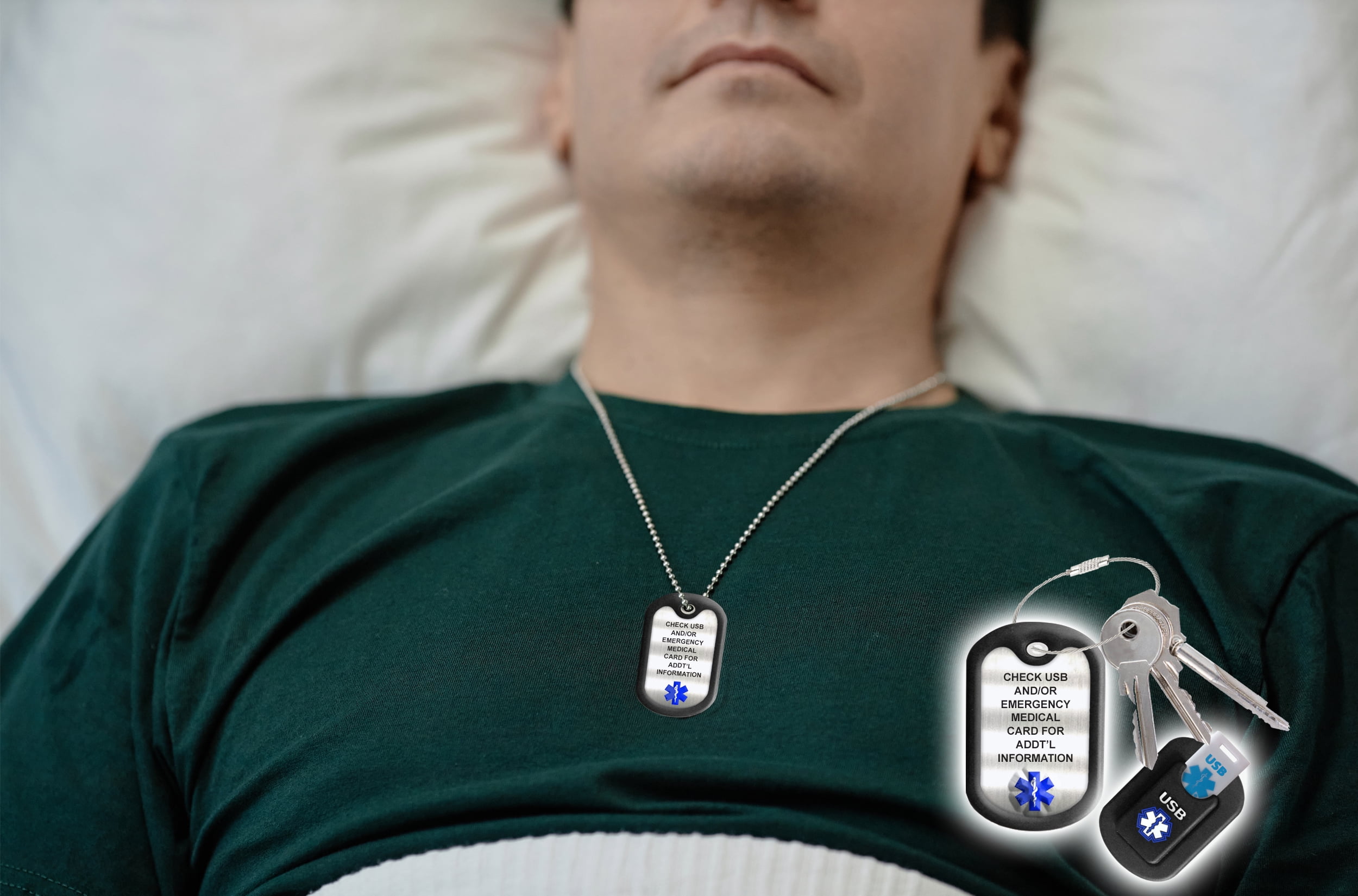 Black Informer Lite Medical Alert Dog Tag / Keychain. Includes: 2GB USB, Pre-engraved Stainless-steel Dog Tag, 27" Chain and Key Ring Wire Rope. Complimentary Access PHR (Personal Health Record)