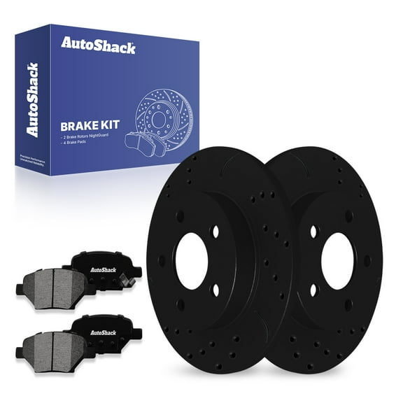 AutoShack 10.62" (269.7 mm) Rear Solid Drilled & Slotted Brake Rotors E-Coated   Premium Ceramic Brake Pads | Replacement for 2004-2012 Chevrolet Malibu | Black Finish | 6-PC Brake Kit | NightGuard