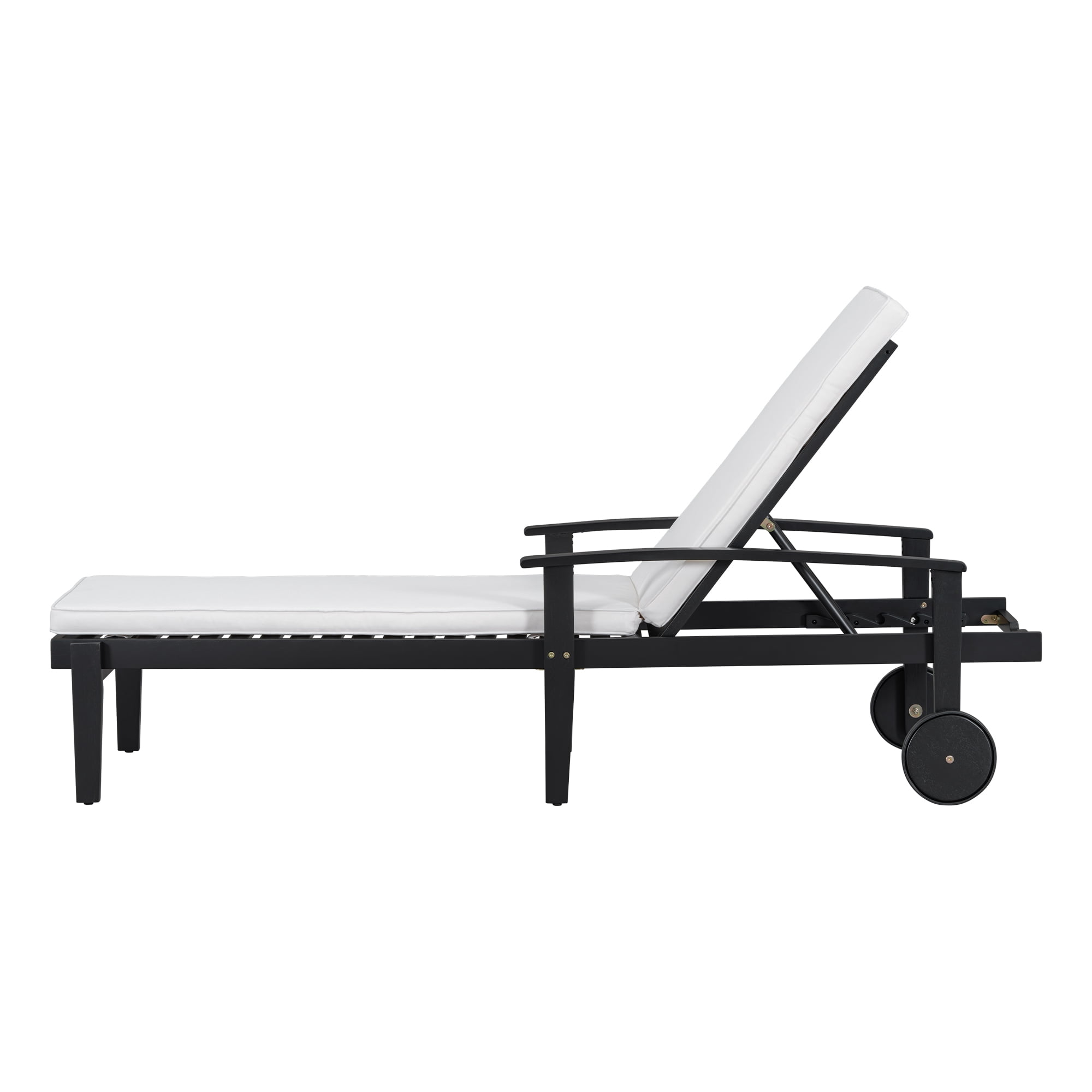 Adjustable Chaise Lounge, Outdoor Acacia Wood Lounge for Patio Poolside, Black and Brown