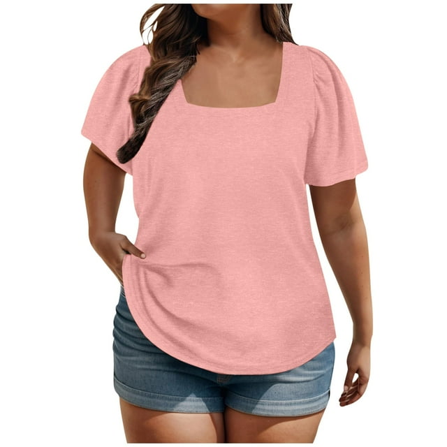 AherBiu Womens Plus Size Tops Short Sleeve Loose Fitting Square Neck Solid Color Casual Tshirts Tops