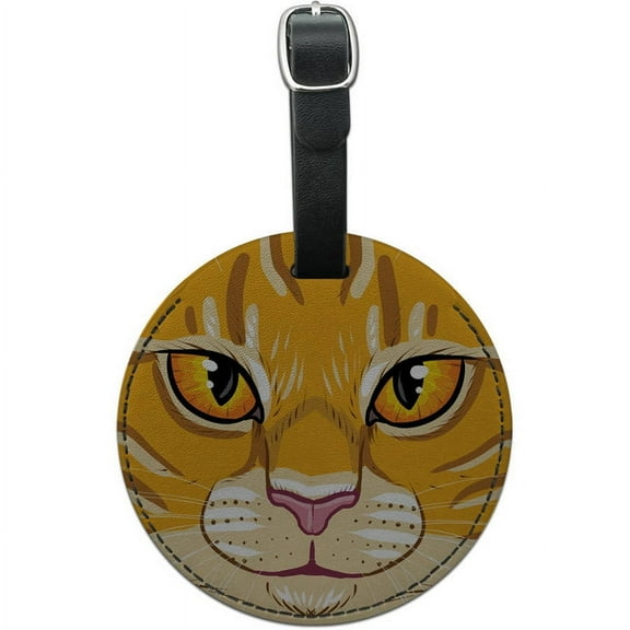 Orange Tabby Cat Face Pet Kitty Round Leather Luggage ID Tag Suitcase Carry-On