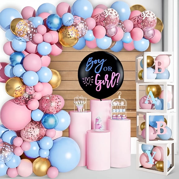 CCOCC Baby Boxes Gender Reveal Balloon Decorations, Pink and Blue Balloon Garland Arch Kit, Baby Boxes with A-Z Baby Letters for Gender Reveal Party Supplies
