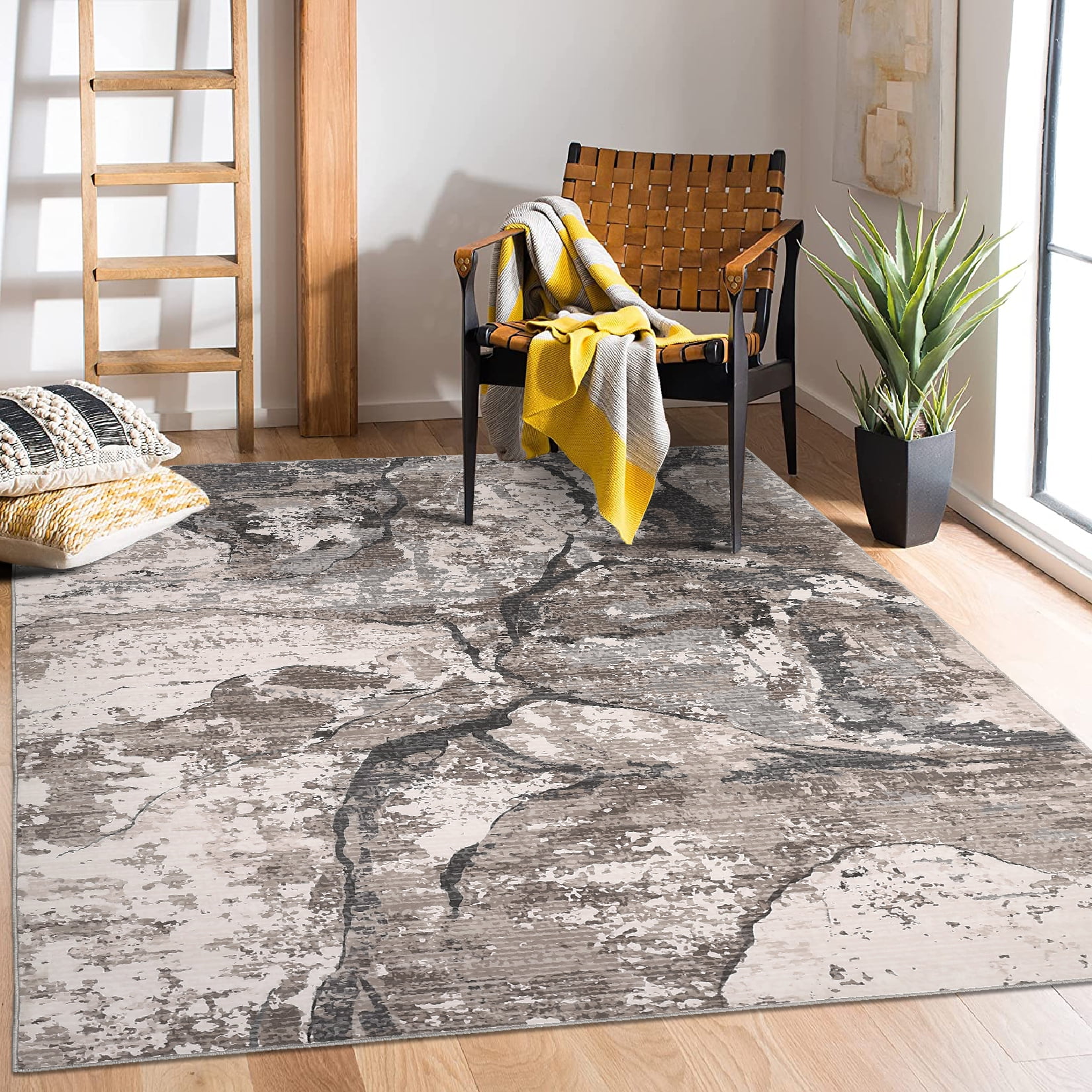 Hasoo Area Rug 9' x 12' Washable Rugs for Dining Room Abstract Marble Carpet Boho Soft Rug, Brown