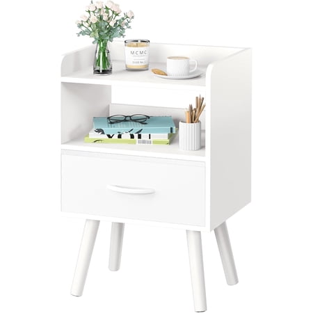 Modern Nightstand with Drawer Bedside Table Mid Century Nightstand with Open Storage Shelf Wood Bedside Table Small Night Stand for Bedrooms 2-Tier Night Table