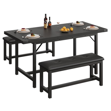 Accreate Extendable Dining Table Set 3 Piece Kitchen Table with 2 Upholstered Benches Wooden Dinette Table Sets for 4-6 People Rectangle Small Dining Room Furniture