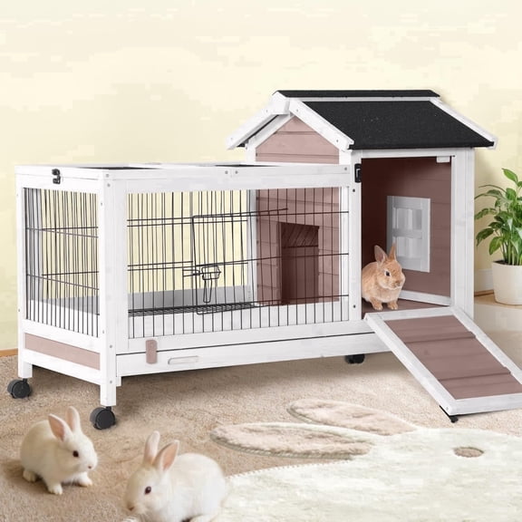 Aivituvin Rabbit Hutch Indoor and Outdoor, Wooden Rabbit Cage with Wheels, Mobile Bunny House with Leakproof Tray and Removable Wire Floor, Guinea Pig Cage with Run (Brown)