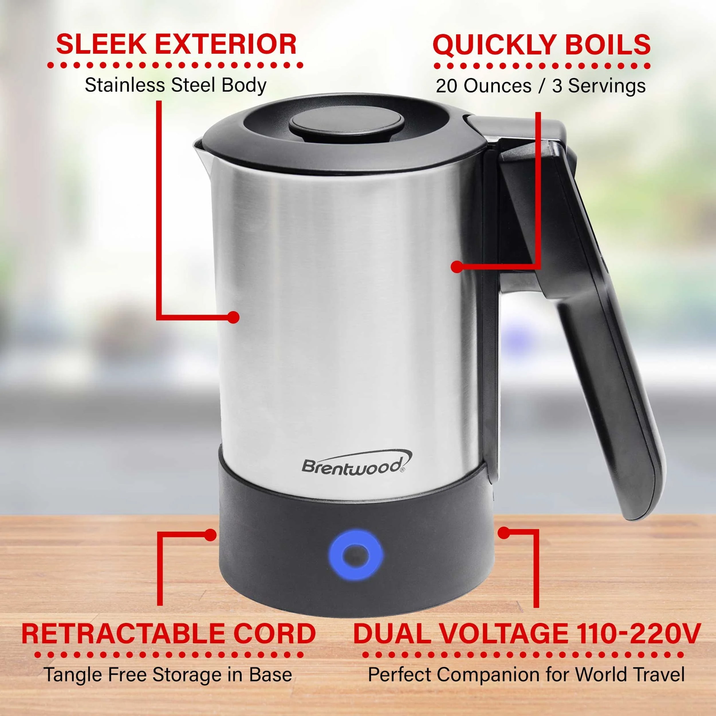 Brentwood 1000 W Electric Travel Kettle Stainless Steel, Silver with Automatic Shut-Off