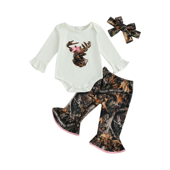 Infant Newborn Baby Girl Boy Clothes Deer Reindeer Head Embroidery Long Sleeve Romper Camo Jungle Flare Pants Set Fall Outfits