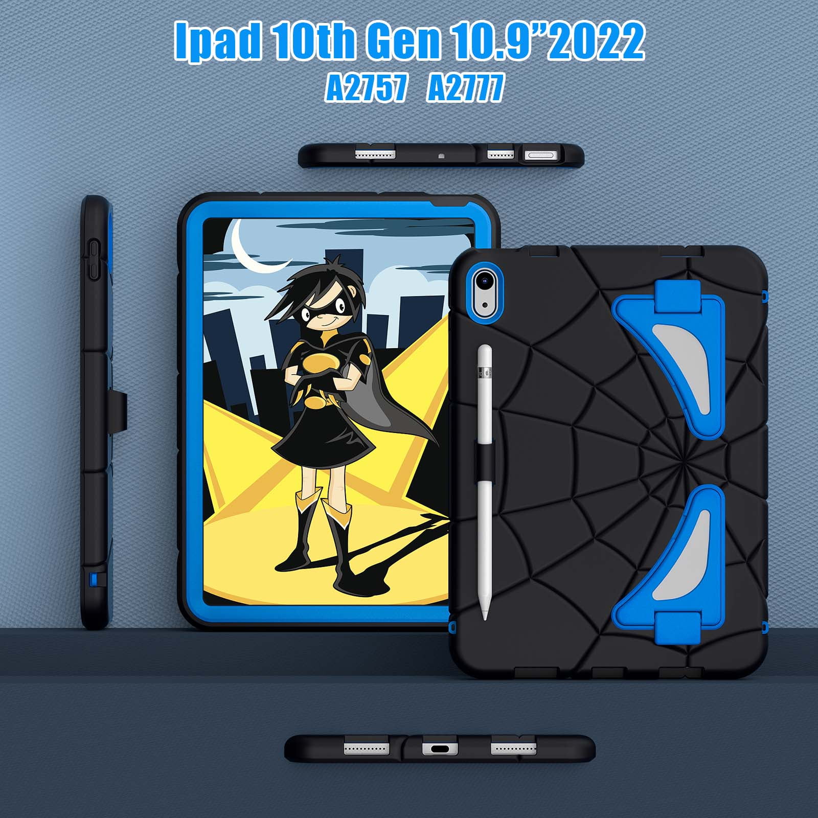 Dteck iPad 10th Generation Case iPad 10.9 Case 2022 New iPad 10th Gen Case for Kids 10.9 Inch Shockproof Protective Cover with Pencil Holder & Shoulder Strap & Kickstand for Kids Children,Black + Blue