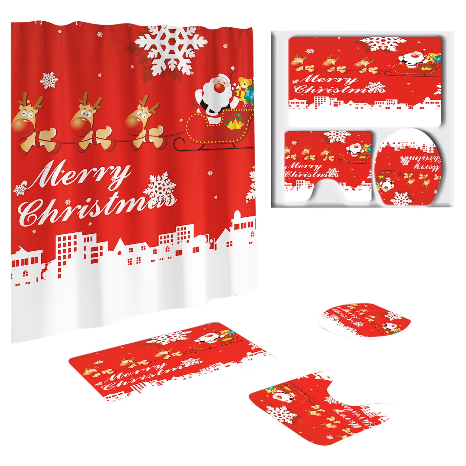 Tyidzon 4Pcs Christmas Shower Curtain Set with Non-Slip Bathroom Rugs Toilet Lid Cover U-Shaped Mats for Home Bathroom Xmas Decor, Waterproof Shower Liner 71x71"