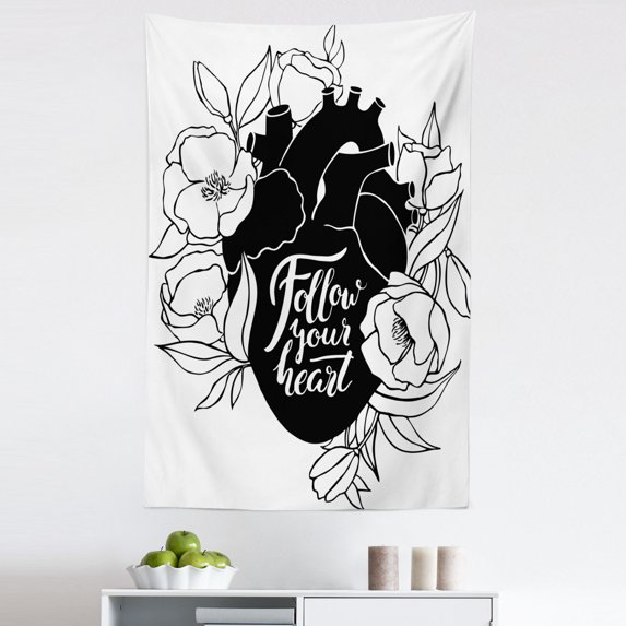 Human Heart Tapestry, Flourish Follow Your Heart Words on Organ with Outline Flowers, Fabric Wall Hanging Decor for Bedroom Living Room Dorm, 5 Sizes, Charcoal Grey and White, by Ambesonne